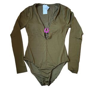 New Trina Turk One Piece Swimsuit Small Army Green Long Sleeve Low Plunge